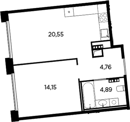 Планировка: 2Е-к.кв · 44,35 м²