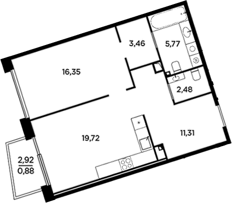 Планировка: 2Е-к.кв · 59,97 м²