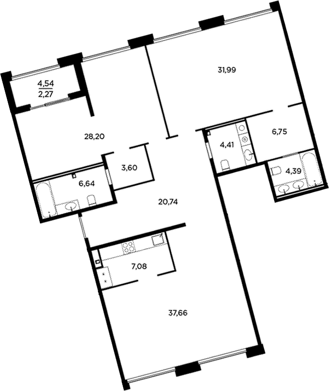 Планировка: 3Е-к.кв · 153,73 м²