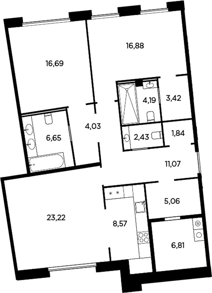 Планировка: 3 комнаты · 110,86 м²