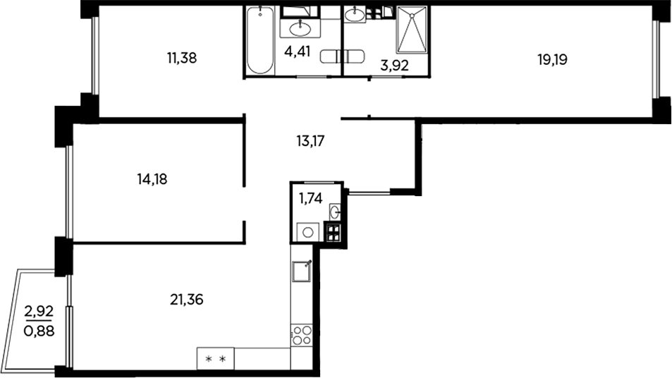 Планировка: 4Е-к.кв · 90,23 м²