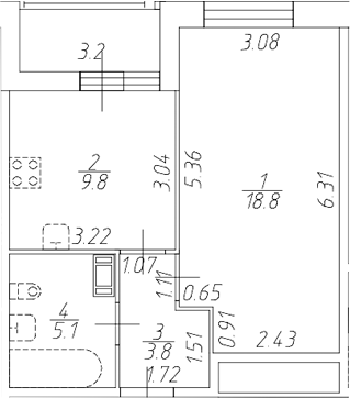 Планировка: 1 комната · 39,1 м²
