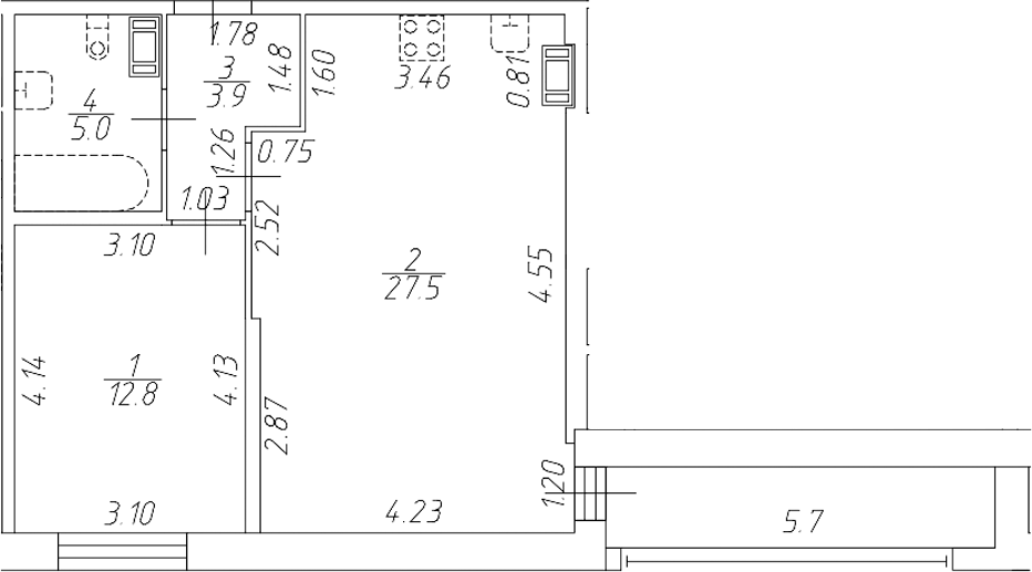 Планировка: 2Е-к.кв · 52,05 м²