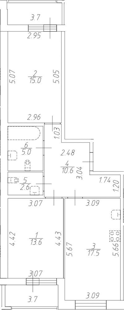 Планировка: 3Е-к.кв · 68 м²
