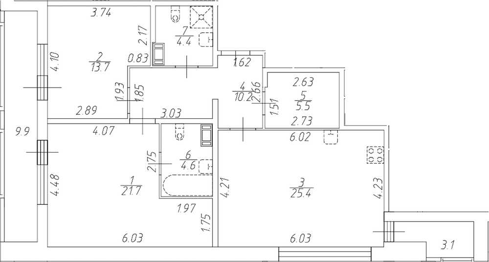 Планировка: 3Е-к.кв · 93,6 м²