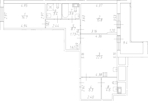 Планировка: 3Е-к.кв · 84,3 м²