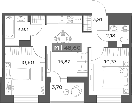 Планировка: 3Е-к.кв · 48,6 м²