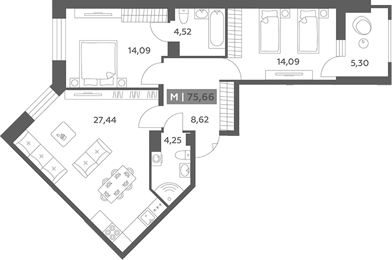 Планировка: 3Е-к.кв · 75,66 м²