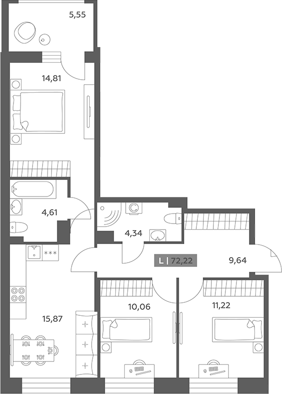 Планировка: 3 комнаты · 72,22 м²