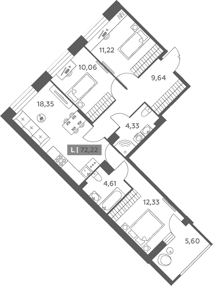 Планировка: 4Е-к.кв · 72,22 м²