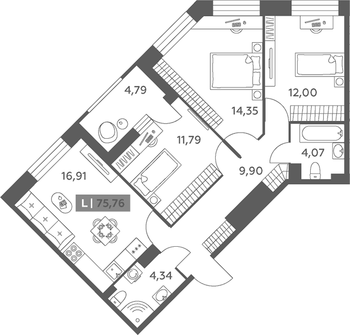 Планировка: 4Е-к.кв · 75,76 м²