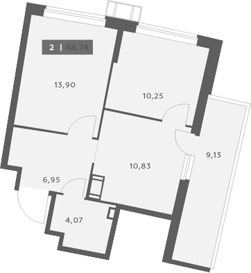 Планировка: 2 комнаты · 48,74 м²