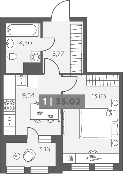 Планировка: 1 комната · 35,02 м²