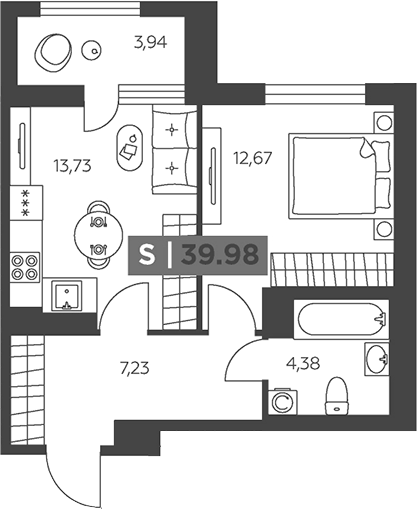 Планировка: 2Е-к.кв · 39,98 м²