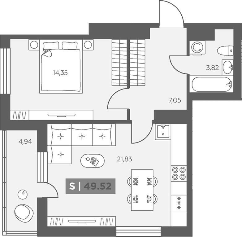 Планировка: 2Е-к.кв · 49,52 м²