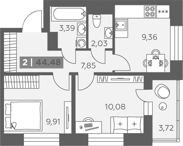 Планировка: 2 комнаты · 44,48 м²