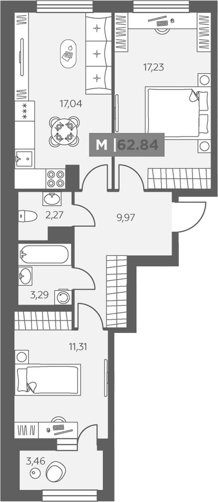 Планировка: 2 комнаты · 62,84 м²