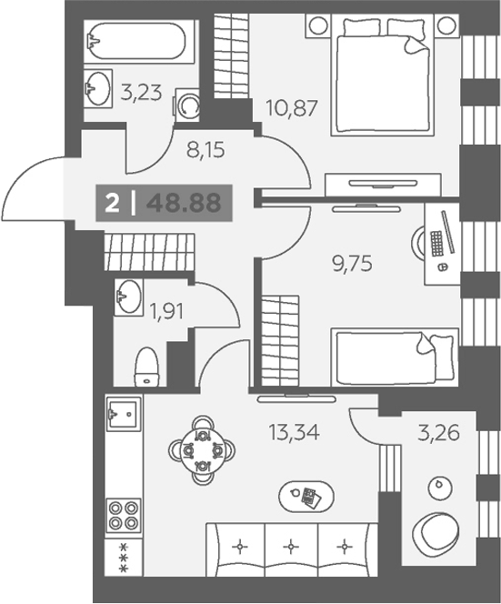 Планировка: 3Е-к.кв · 48,88 м²