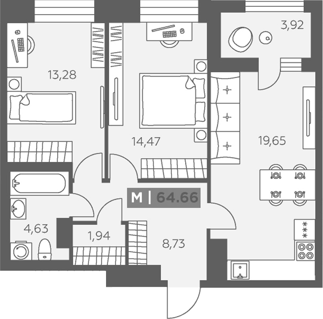 Планировка: 3Е-к.кв · 64,66 м²