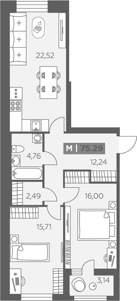 Планировка: 3Е-к.кв · 75,29 м²