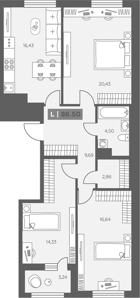 Планировка: 3 комнаты · 86,5 м²