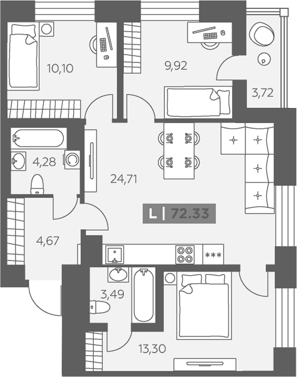 Планировка: 4Е-к.кв · 72,33 м²