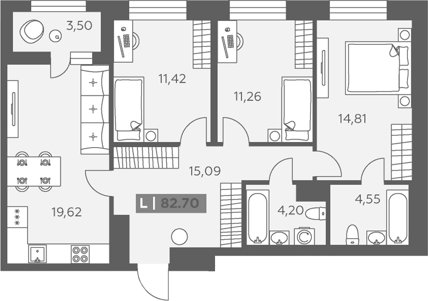 Планировка: 4Е-к.кв · 82,7 м²