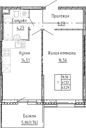 Планировка: 1 комната · 43 м²