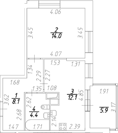 Планировка: 2Е-к.кв · 41,55 м²