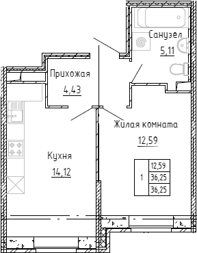 Планировка: 2Е-к.кв · 35,2 м²