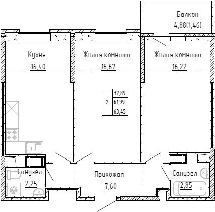 Планировка: 2 комнаты · 63,1 м²