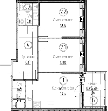 Планировка: 2 комнаты · 48,04 м²
