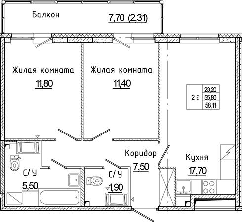 Планировка: 3Е-к.кв · 58,11 м²