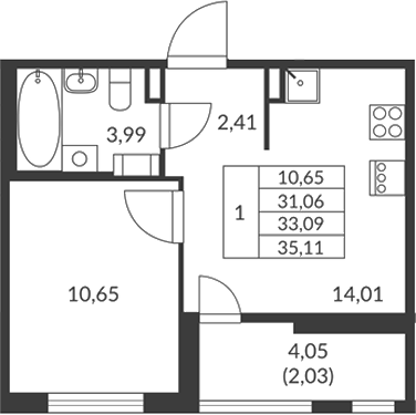 Планировка: 1 комната · 33,09 м²
