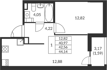 Планировка: 1 комната · 42,56 м²