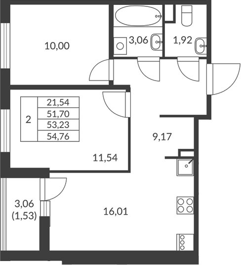 Планировка: 2 комнаты · 53,23 м²