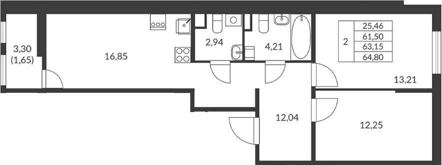 Планировка: 2 комнаты · 63,15 м²