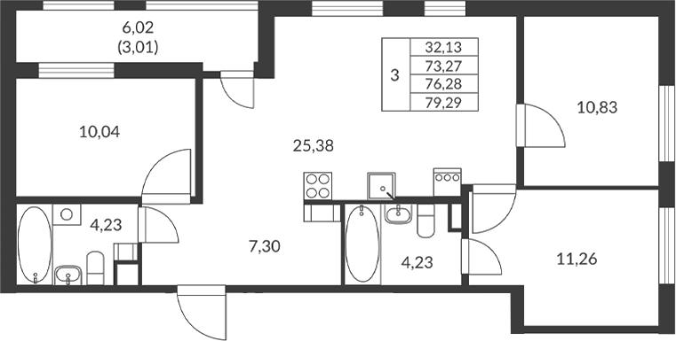Планировка: 3 комнаты · 76,28 м²