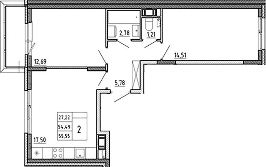 Планировка: 3Е-к.кв · 55,55 м²