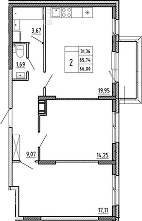 Планировка: 3Е-к.кв · 66,8 м²