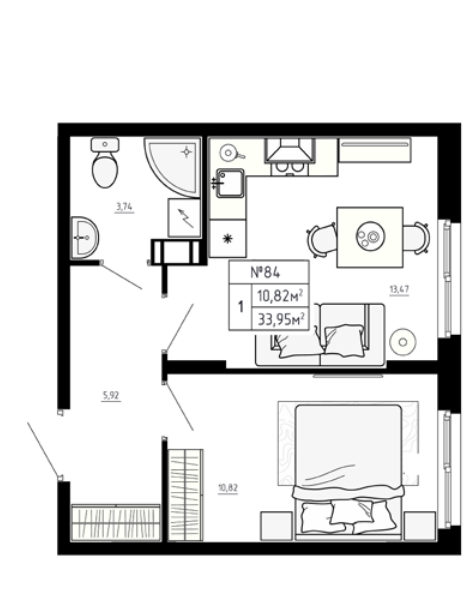 Планировка: 1 комната · 33,95 м²