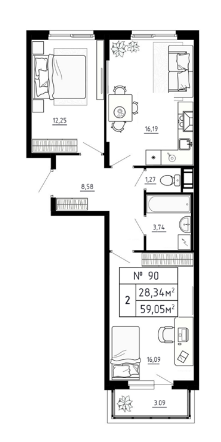 Планировка: 2 комнаты · 59,05 м²
