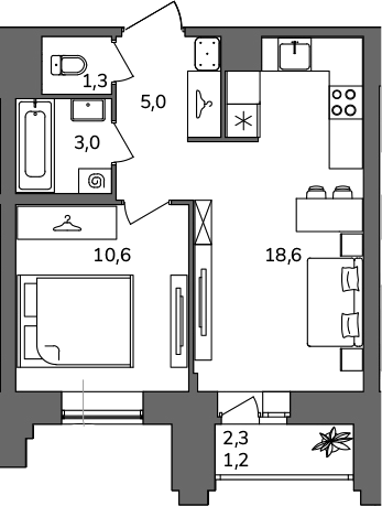Планировка: 1 комната · 39,7 м²