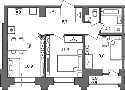 Планировка: 2 комнаты · 54,3 м²