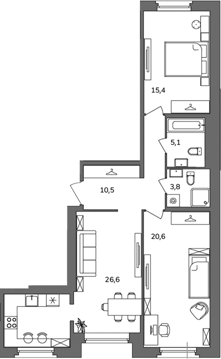 Планировка: 2 комнаты · 82 м²
