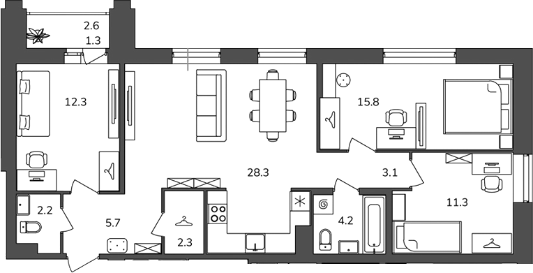 Планировка: 3 комнаты · 86,5 м²
