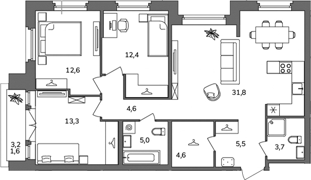 Планировка: 3 комнаты · 95,1 м²