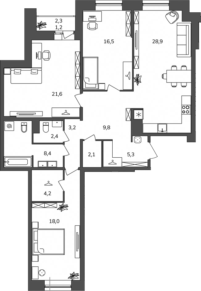 Планировка: 3 комнаты · 121,6 м²