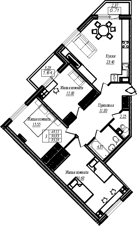 Планировка: 3 комнаты · 93,29 м²