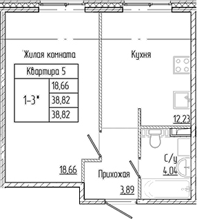 Планировка: 1 комната · 38,82 м²